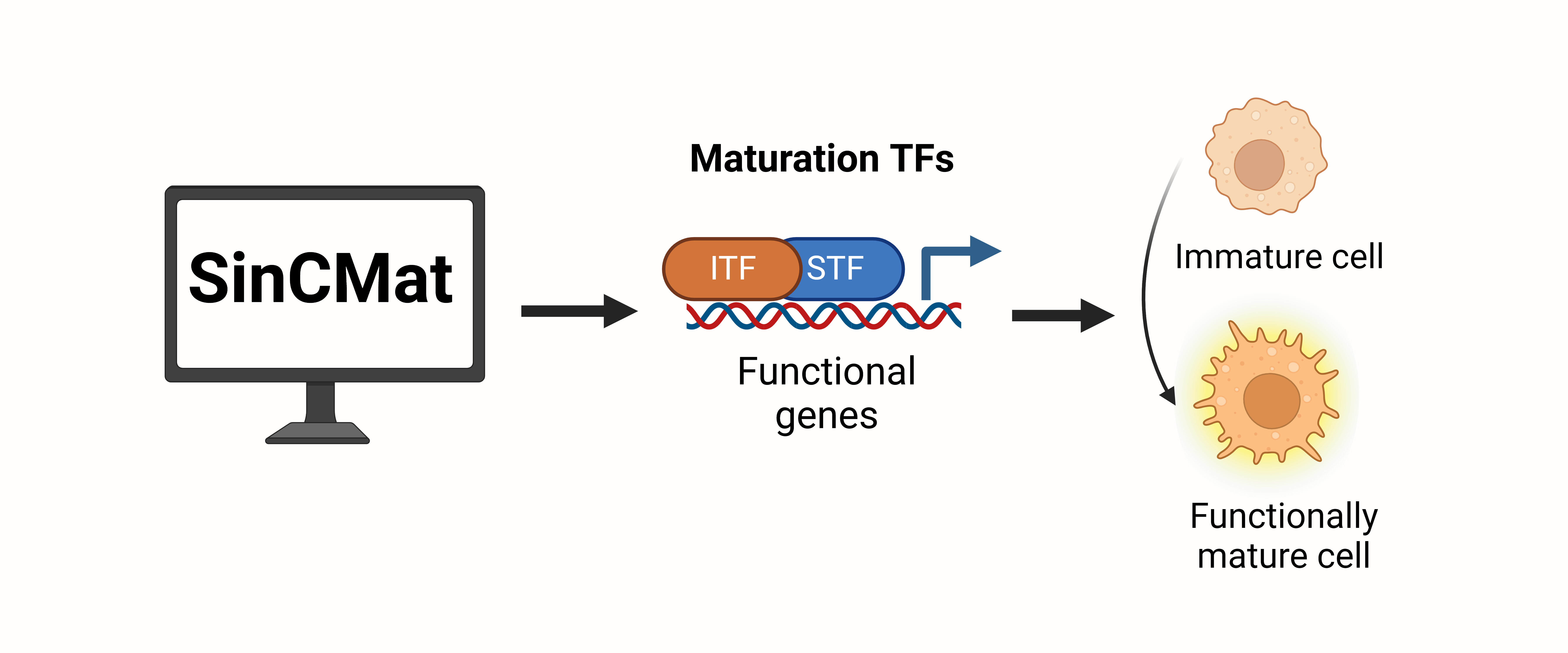Figure showing that SinCMat ouptut are maturation TFs that target functional genes and its use to produce mature cells